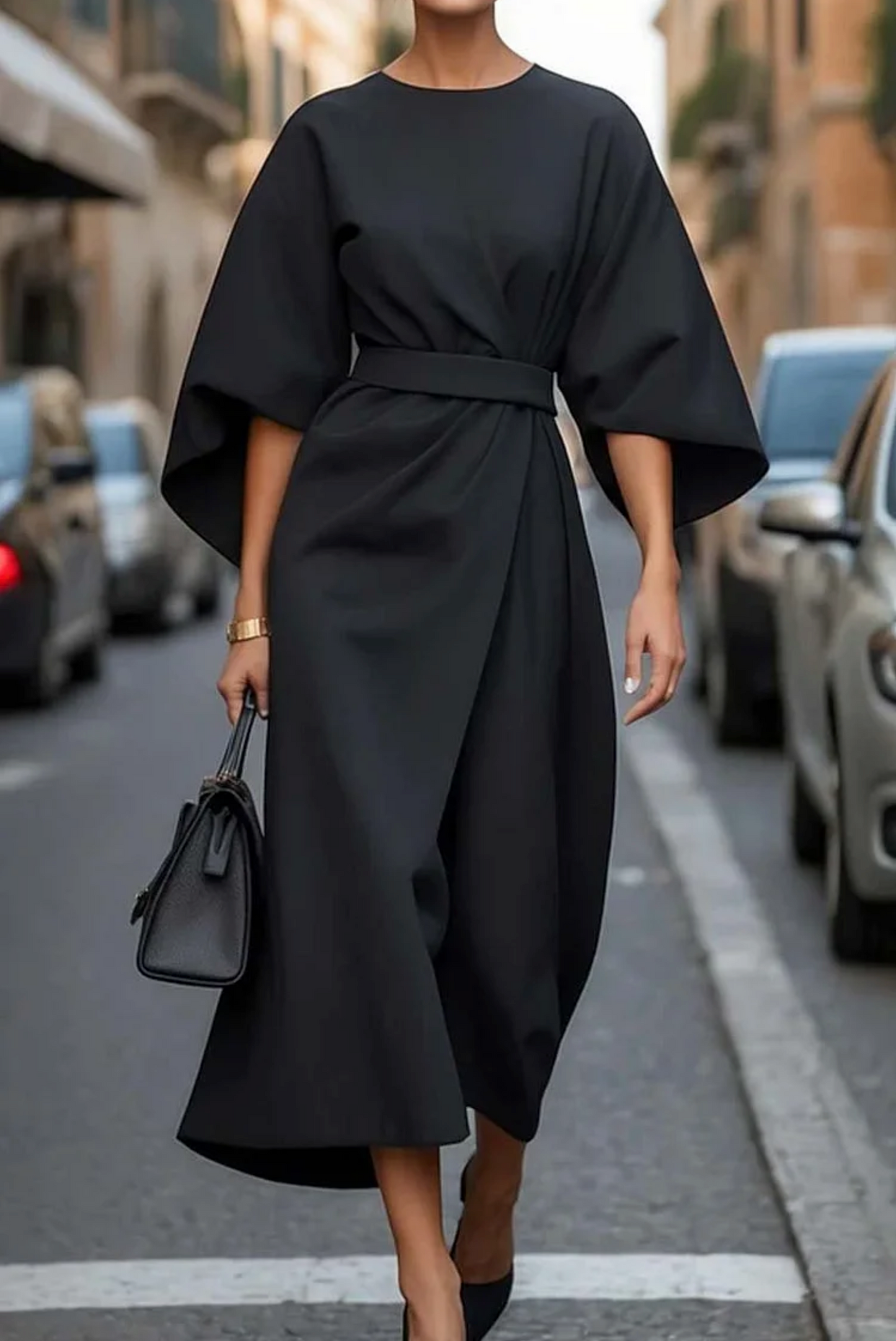 Emilia™ - Elegant Dress with Lantern Sleeves and Belt